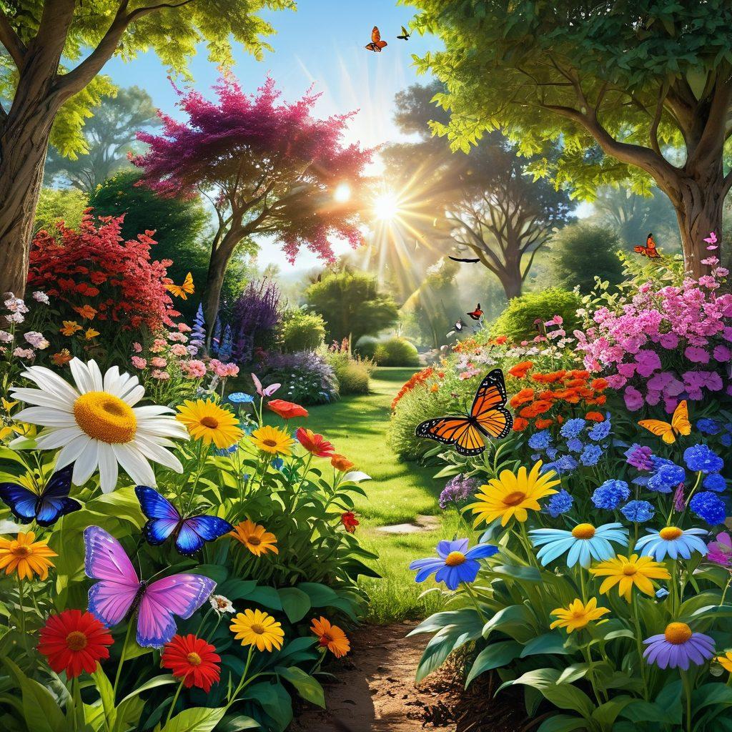 A vibrant scene depicting a whimsical garden filled with colorful flowers and joyful characters enjoying life, radiating happiness. Include playful elements like butterflies and birds, and a bright sun shining overhead, creating an uplifting atmosphere. The setting should evoke feelings of cheerfulness and positivity. super-realistic. vibrant colors. soft background.
