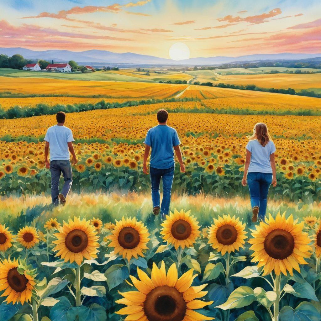 A serene landscape featuring a vibrant sunflower field under a clear blue sky, symbolizing joy and happiness. In the foreground, a diverse group of people expressing bliss through laughter and connection, surrounded by soft, glowing light. Subtle hints of Fuch elements like colorful, playful shapes floating in the air, representing discovery and insight. A backdrop of rolling hills adds depth and tranquility. watercolor style. vibrant colors. peaceful atmosphere.