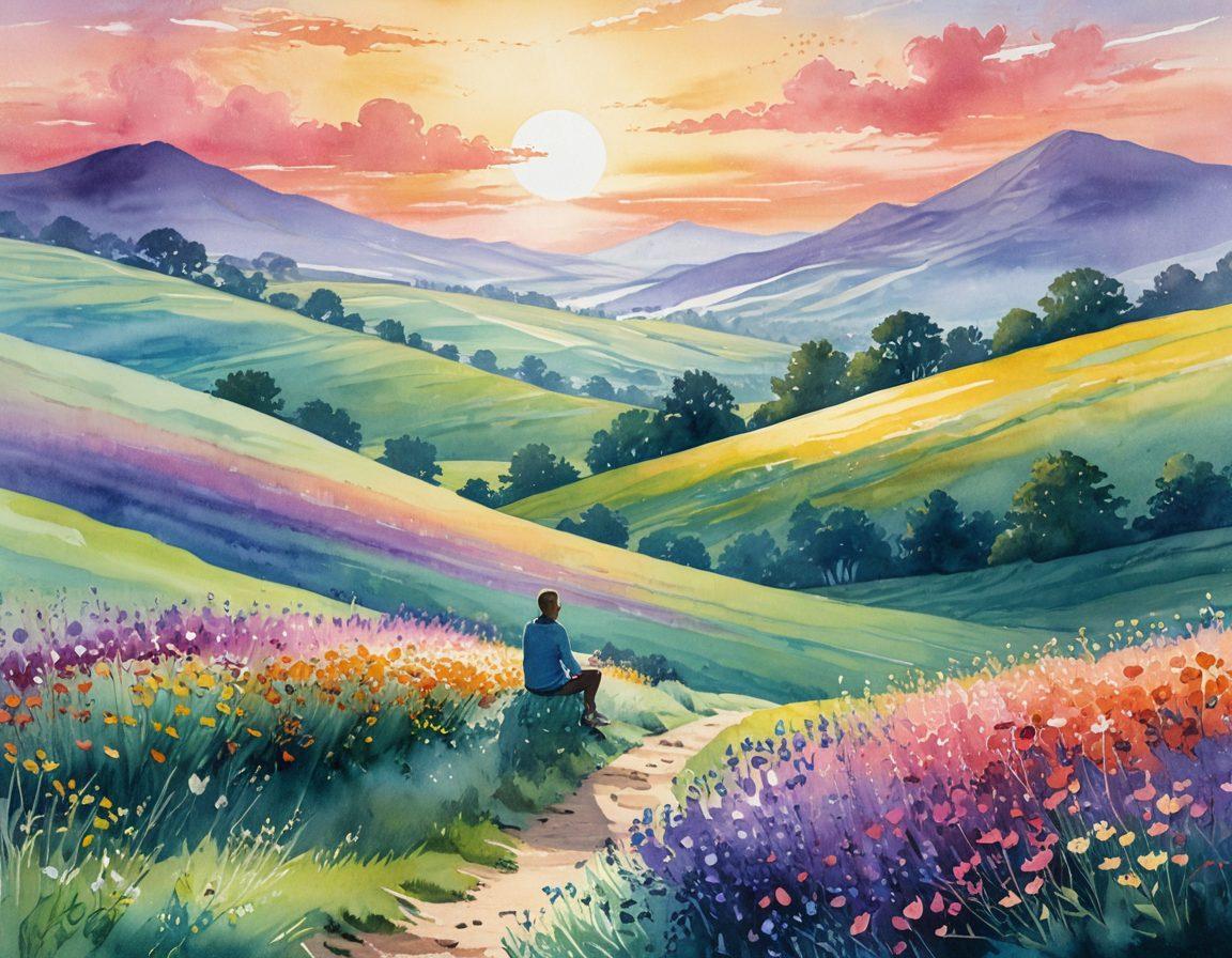 A serene journey from vibrant euphoria to tranquil contentment, illustrated by a gradient landscape transitioning from colorful, euphoric flowers to calm, subtle hills. Silhouettes of people meditating and laughing symbolize the spectrum of bliss, with gentle waves of light weaving through the scene. Include touches of whimsical elements like floating hearts and soft clouds. watercolor style. dreamy atmosphere. vibrant colors.